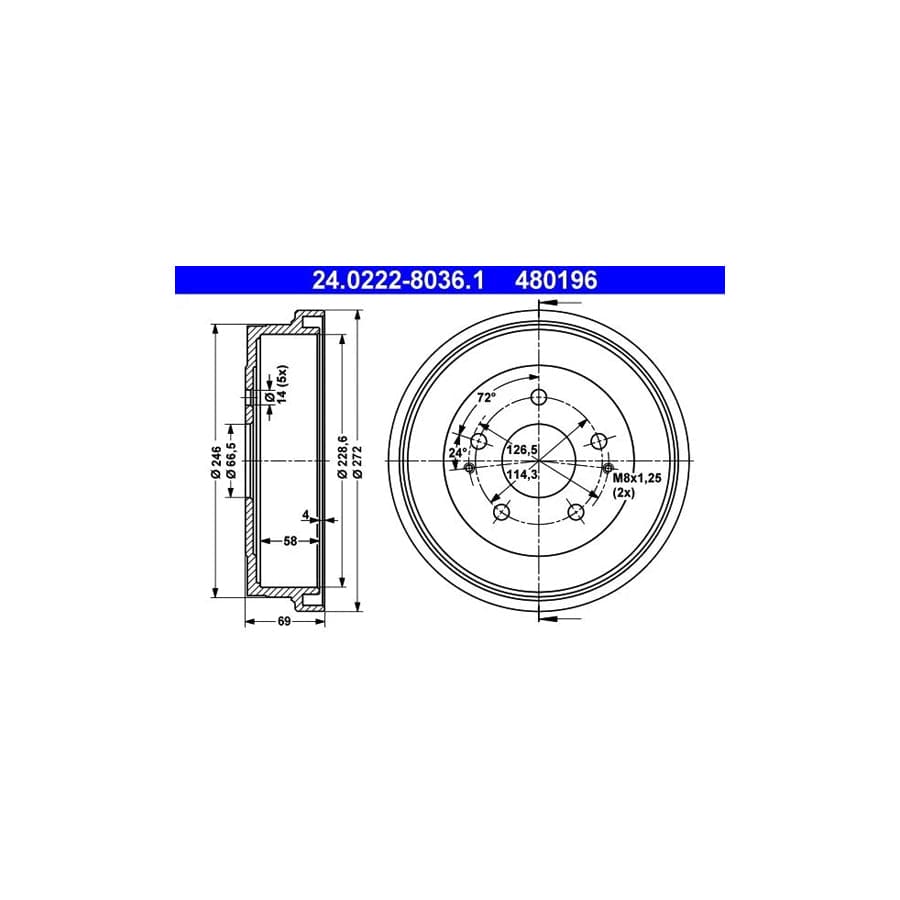 ATE 24.0222-8036.1 Brake Drum for Daihatsu Terios