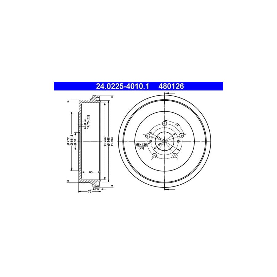 ATE 24.0225-4010.1 Brake Drum for Toyota Previa / Estima I (Xr10, Xr20)