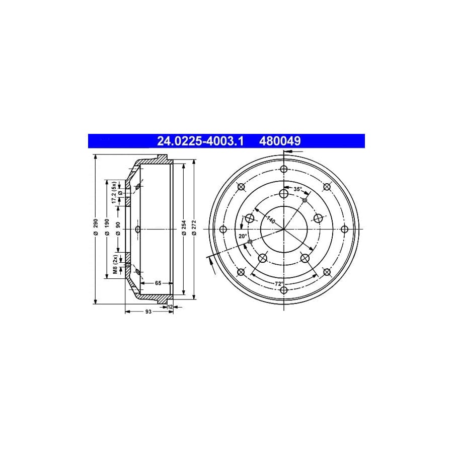 ATE 24.0225-4003.1 Brake Drum Suitable for Mercedes-Benz 100