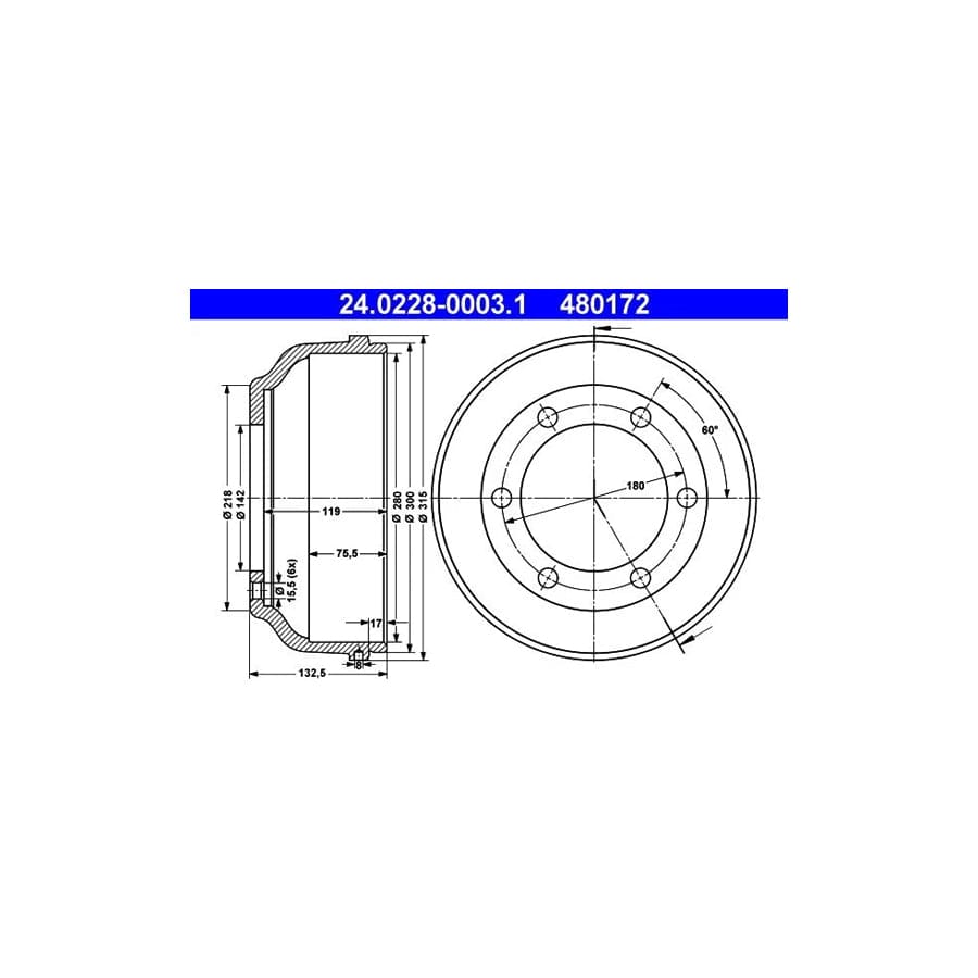 ATE 24.0228-0003.1 Brake Drum for Ford Transit