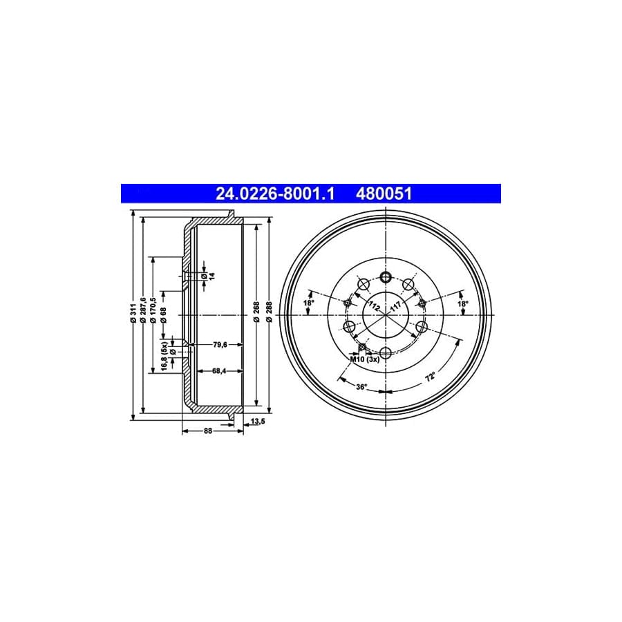 ATE 24.0226-8001.1 Brake Drum for VW Transporter