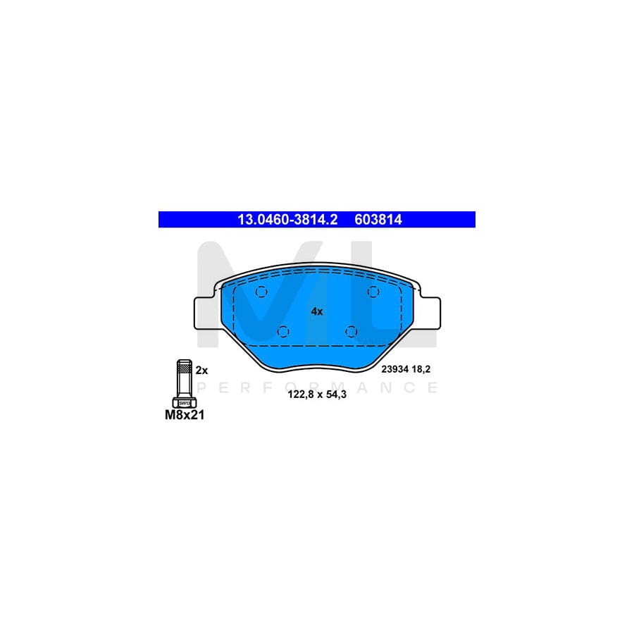 ATE 13.0460-3814.2 Brake pad set for RENAULT MEGANE excl. wear warning contact, not prepared for wear indicator, with brake caliper screws