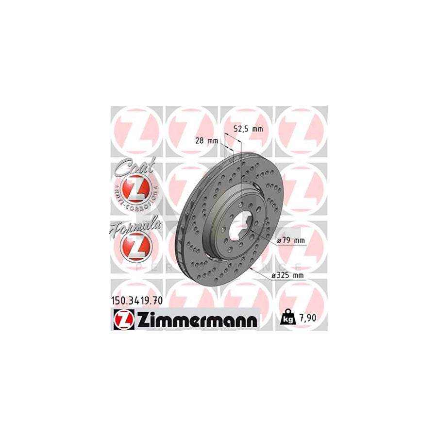 ZIMMERMANN FORMULA Z COAT Z 150.3419.70 Brake Disc for BMW 3 Series Perforated, Two-piece brake disc, Vented, Coated, Alloyed / High-carbon