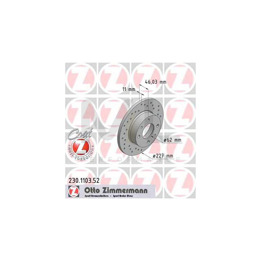 ZIMMERMANN SPORT COAT Z 230.1103.52 Brake Disc Perforated, Solid, Coated  - 1 piece
