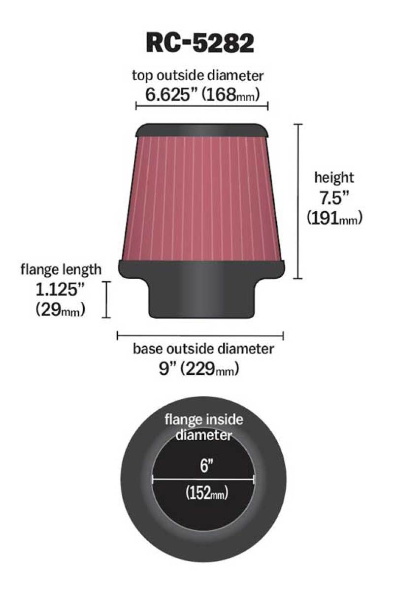 K&N Engineering K&N Universal Round Tapered Filter 6in Flange ID x 9in Base OD x 6.625in Top OD x 7.5in Height