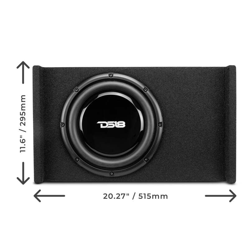 DS18 Single 10in Shallow Subwoofer and Enclosure 300 Watts RMS Downfiring Sealed Black Carpet