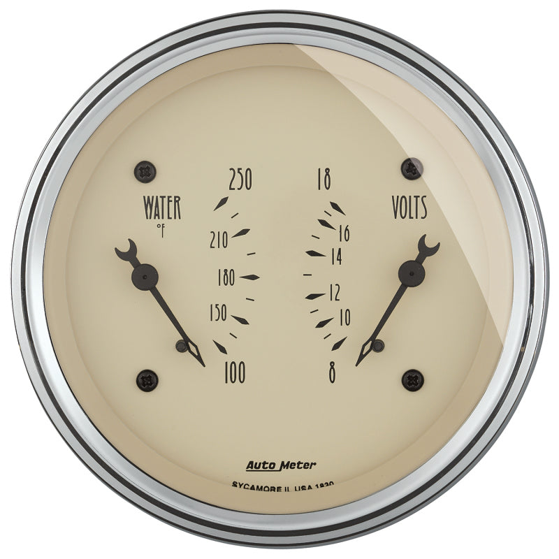 AutoMeter Gauge Dual Wtmp & Volt 3-3/8in. 250 Deg. F & 18V Elec Antique Beige