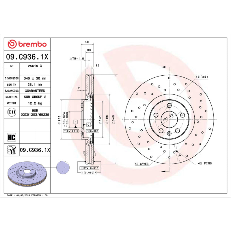 Brembo OE Brembo 16-24 Volvo XC90 / 18-24 XC60 Front Premium Xtra Cross Drilled UV Coated Rotor