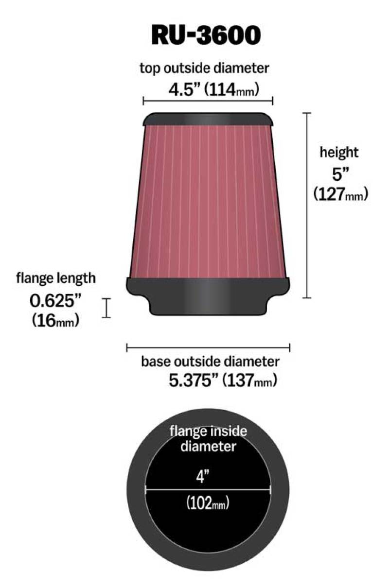 K&N Engineering K&N Universal Air Filter 4in Flange / 5-3/8 in Base / 4-1/2in Top / 5in Height