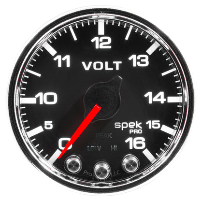 Autometer Spek-Pro Gauge Voltmeter 2 1/16in 16V Stepper Motor W/Peak & Warn Blk/Chrm