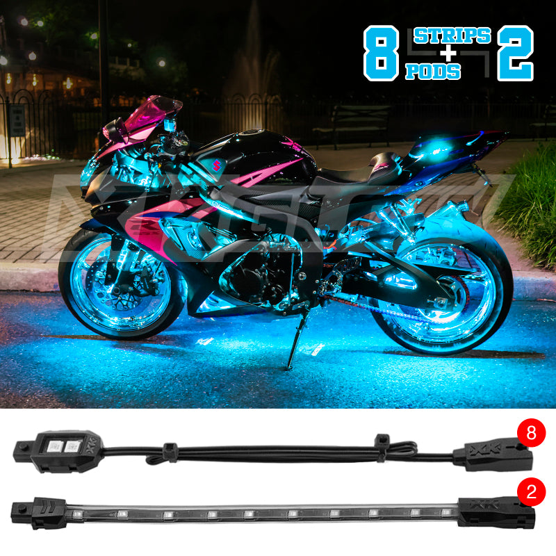 XKGLOW XK Glow Strips Single Color XKGLOW LED Accent Light Motorcycle Kit Light Blue - 8xPod + 2x8In