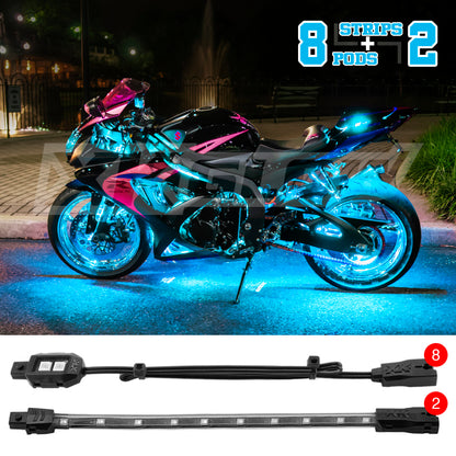 XKGLOW XK Glow Strips Single Color XKGLOW LED Accent Light Motorcycle Kit Light Blue - 8xPod + 2x8In