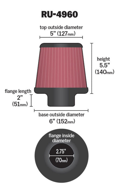 K&N Engineering K&N Filter Universal Rubber Filter 2 3/4 inch Flange 6 inch Base 5 inch Top 5 1/2 inch Height