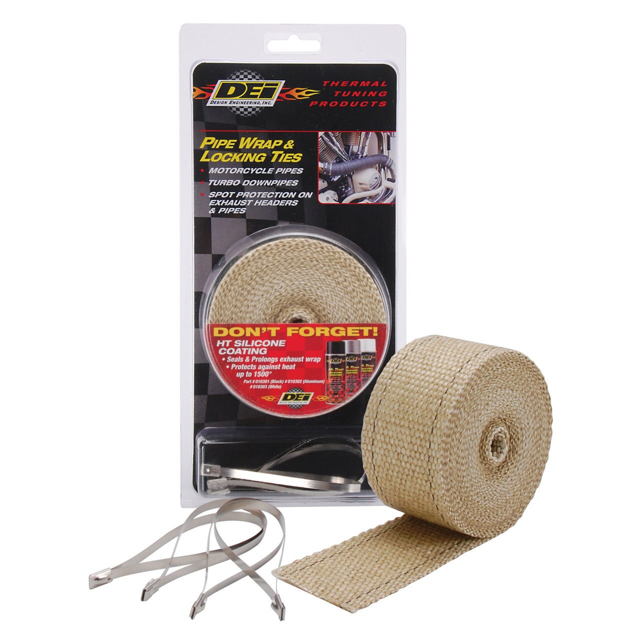 DEI 010122 EXHAUST WRAP KIT PIPE WRAP & LOCKING TIE TAN