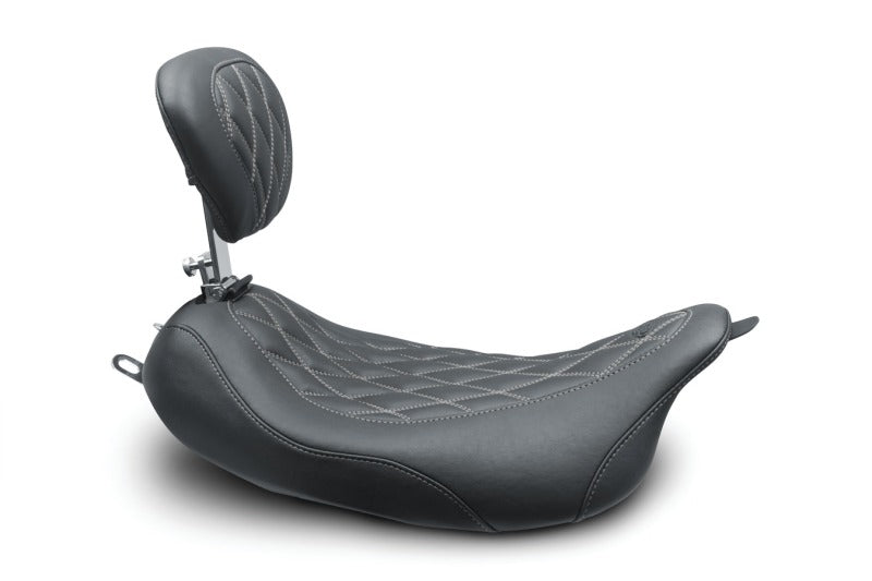 Mustang Motorcycle Mustang 08-21 Harley Wide Tripper FL Touring Pass Seat w/ Dr Backrest, Grey Diamond Stitch - Black