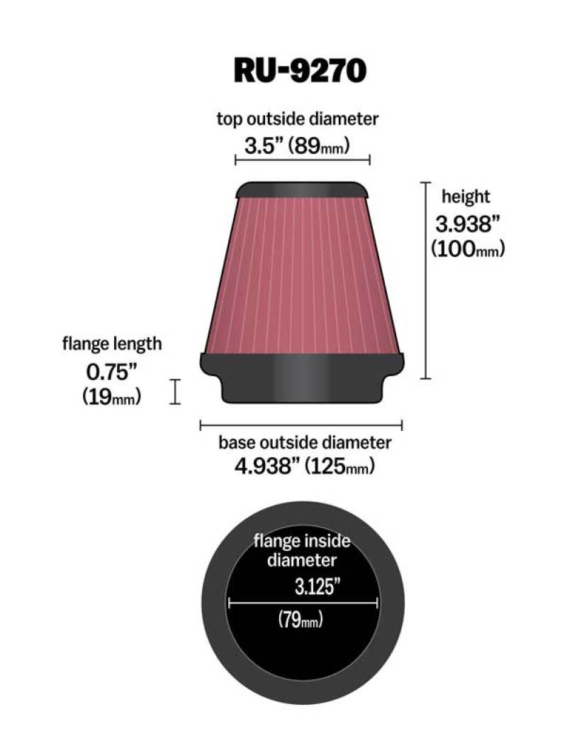 K&N Engineering K&N Universal Tapered Filter 3-1/8in Flange IDx4-15/16in Base OD x 3-1/2in Top OD x 3-15/16in Height