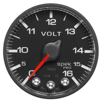 AutoMeter Gauge Voltmeter 2-1/16in. 16V Stepper Motor W/Peak & Warn Blk/Blk Spek-Pro