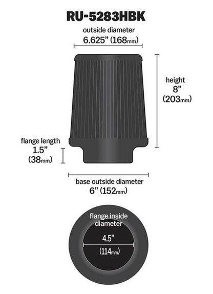 K&N Engineering K&N Universal Rubber Filter-Round Tapered 4.5in Flange ID x 8in Base OD x 6.625in Top OD x 8in H