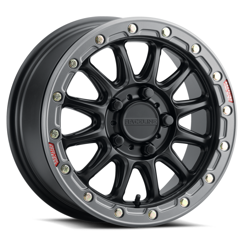 Raceline A14GR Alpha 15x10in/5x114.3 BP/25mm Offset/68mm Bore - Gunmetal & Red Ring Beadlock Wheel