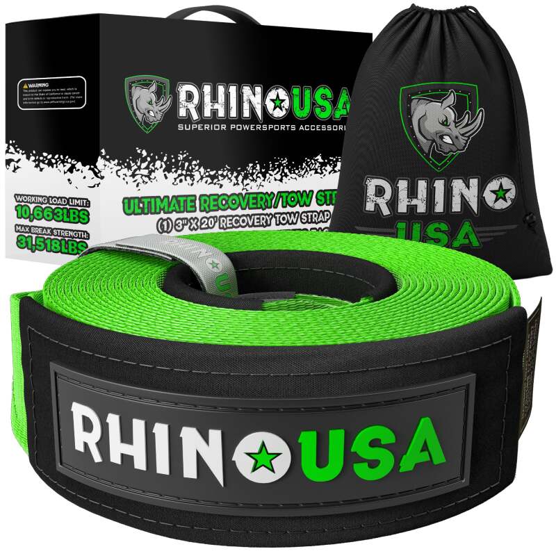 Rhino USA Recovery Tow Strap 3Inx20Ft (Green)