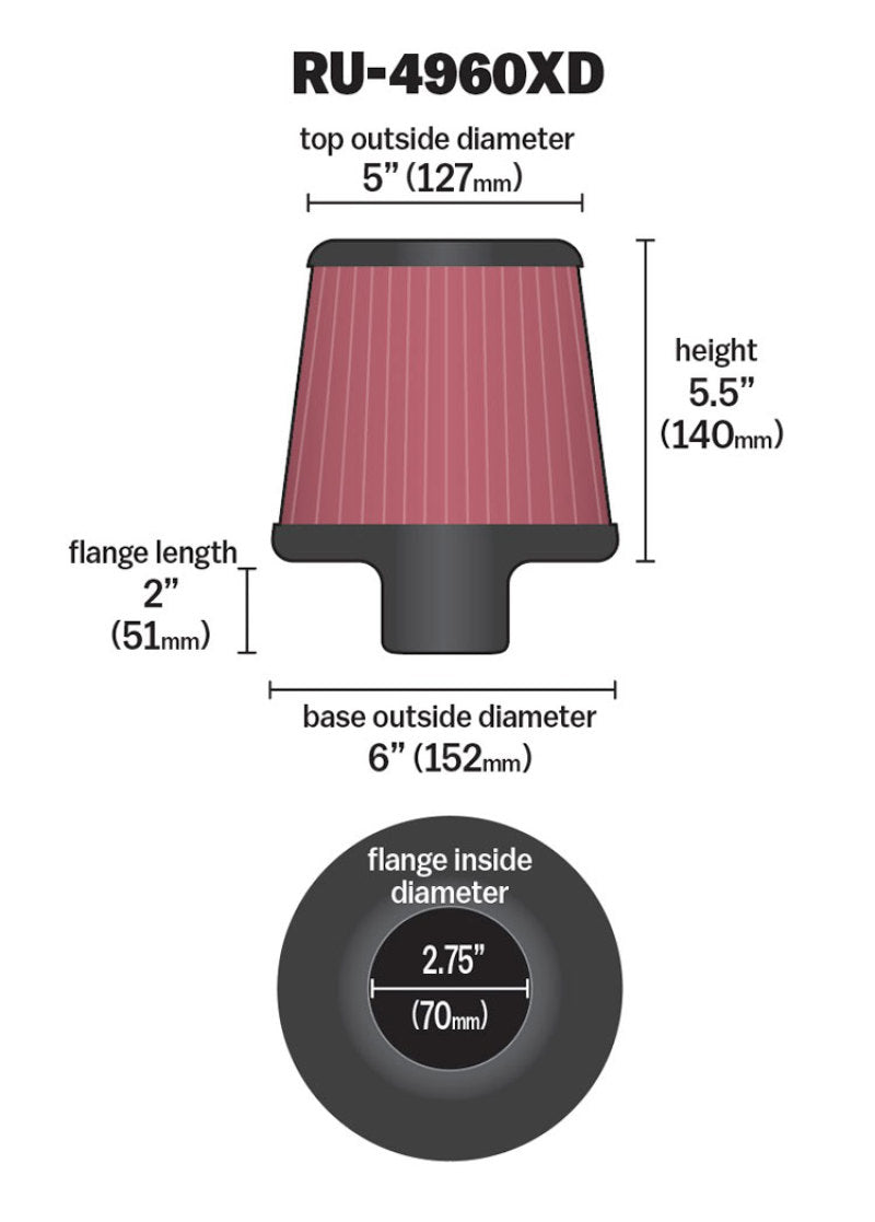 K&N Engineering K&N Filter Universal Clamp-On Filter-Round Tapered 2.75in Flange ID x 6in Base OD x 5in Top OD
