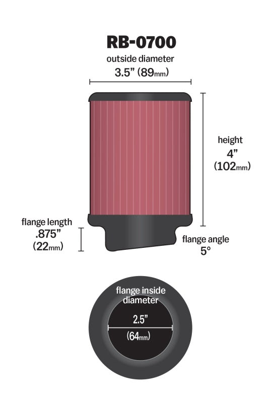 K&N Engineering K&N Universal Rubber Filter 2.5 inch 5 Degree FLG 3.5 inch OD 4 inch Height