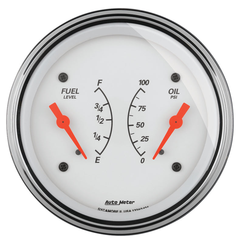 AutoMeter Gauge Dual Fuel & Oilp 3-3/8in. 0 Ohm(e) to 90 Ohm(f)& 100PSI Elec Arctic White