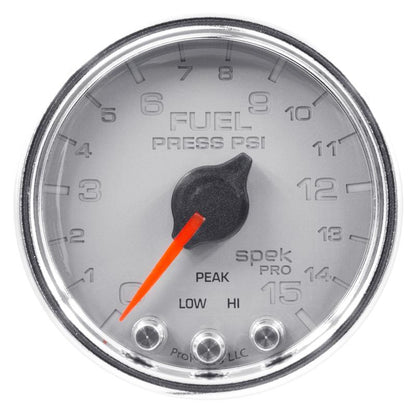 Autometer Spek-Pro Gauge Fuel Press 2 1/16in 15psi Stepper Motor W/Peak & Warn Slvr/Chrm