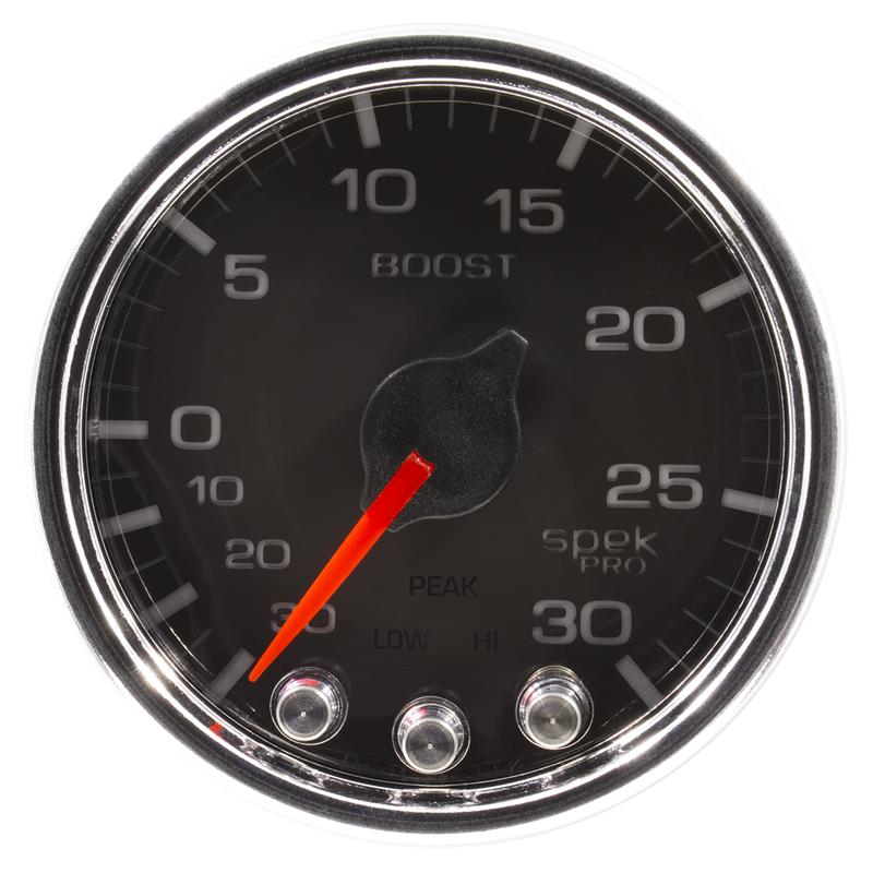 Autometer Spek-Pro Gauge Vac/Boost 2 1/16in 30Inhg-30psi Stepper Motor W/Peak & Warn Black/Chrome