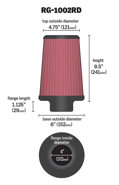 K&N Engineering K&N Universal Air Filter Chrome Round Tapered Red - 4in Flange ID x 1.125in Flange Length x 9.5in H
