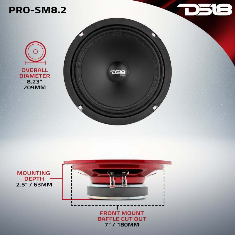 DS18 8in 250 Watts RMS 2 ohm Mid-Range Loudspeaker Shallow