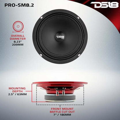 DS18 8in 250 Watts RMS 2 ohm Mid-Range Loudspeaker Shallow