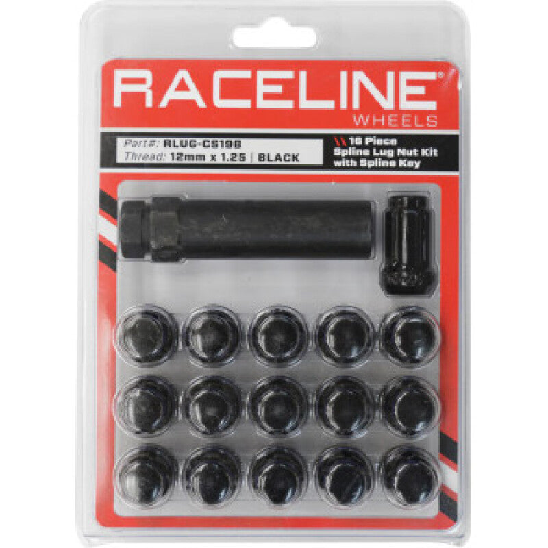 Raceline Spline Lug Nut Kit with Spline Key 12 x 1.25 - 16 Pack - Black