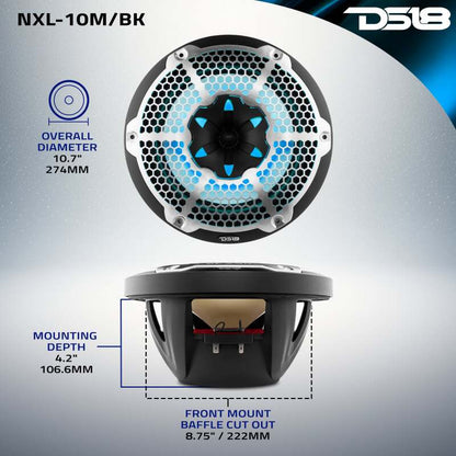 DS18 NXL-M Series Speaker w/ RGB LED Lights 10in 2-Way 200Watts RMS 4 ohm Black