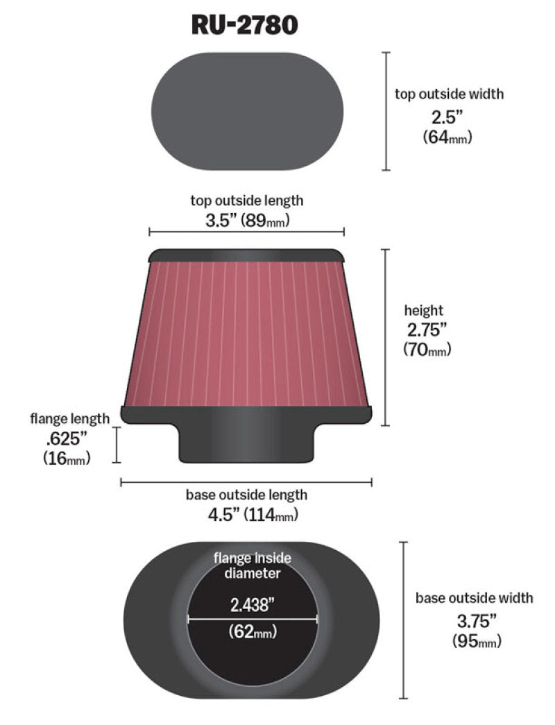 K&N Engineering K&N Filter Universal Rubber Filter 2 7/16 inch Flange 4.5x3.75 inch Base 3.5x2.5 inch Top 2.75 inch