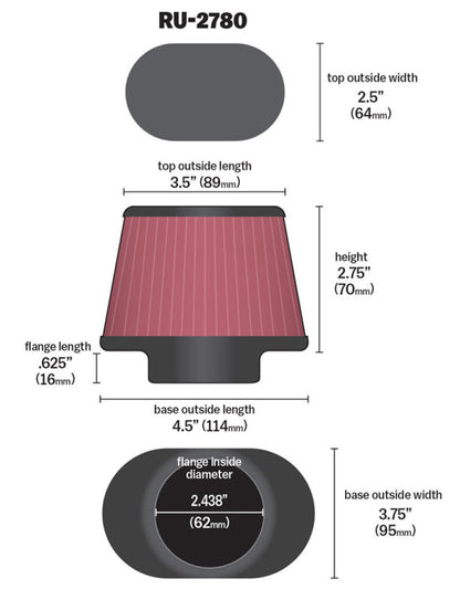 K&N Engineering K&N Filter Universal Rubber Filter 2 7/16 inch Flange 4.5x3.75 inch Base 3.5x2.5 inch Top 2.75 inch