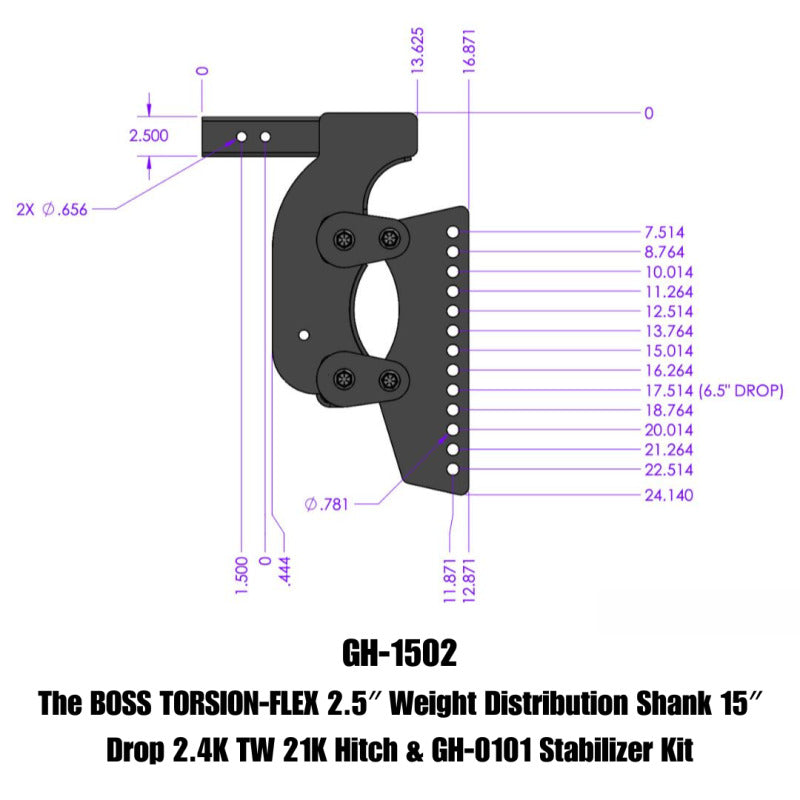 GEN-Y Hitch Gen-Y The Boss Torsion-Flex 2.5in Weight Distribution Shank 15in Drop 21K Hitch w/Stabilizer Kit