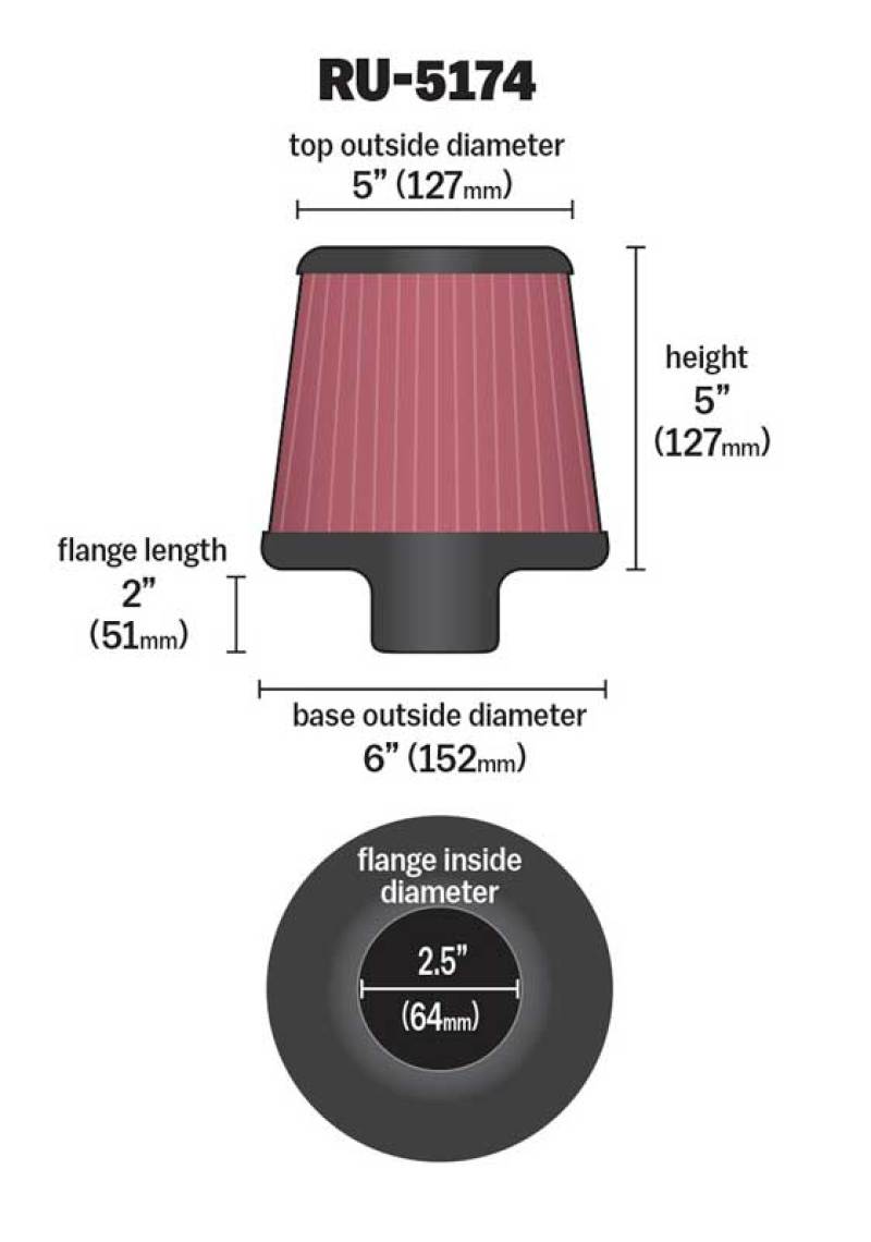 K&N Engineering K&N Universal Rubber Filter-Round Tapered 2.5in Flange ID x 6in Base OD x 5in Top OD x 5in Height