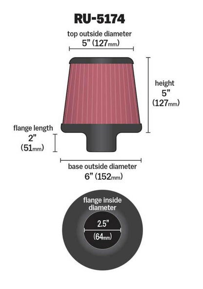 K&N Engineering K&N Universal Rubber Filter-Round Tapered 2.5in Flange ID x 6in Base OD x 5in Top OD x 5in Height