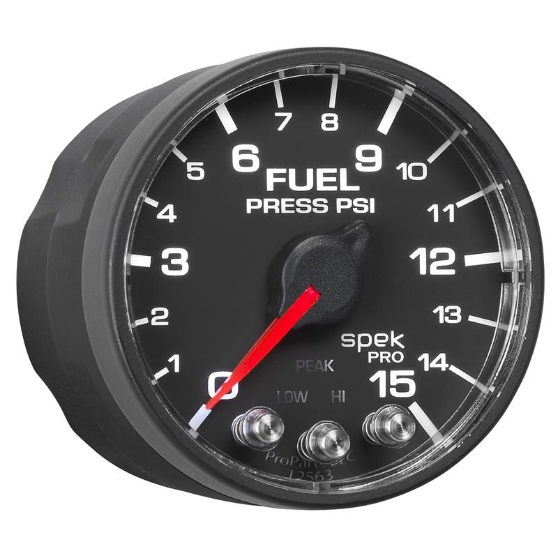 Autometer Spek-Pro Gauge Fuel Press 2 1/16in 15psi Stepper Motor W/Peak & Warn Blk/Blk