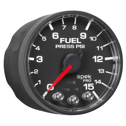 Autometer Spek-Pro Gauge Fuel Press 2 1/16in 15psi Stepper Motor W/Peak & Warn Blk/Blk