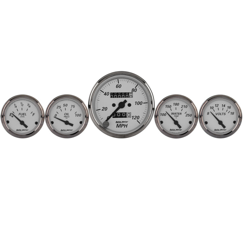 Autometer Silver 5 Pc Kit Box w/ Mech. Speedo / Elec Oil Press / Water Temp / Volt / Fuel Level