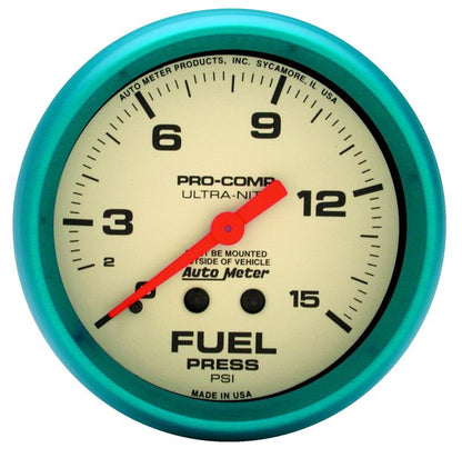 Autometer Ultra-Nite 2-5/8in 15psi Mechanical Glow In The Dark Fuel Pressure Gauge