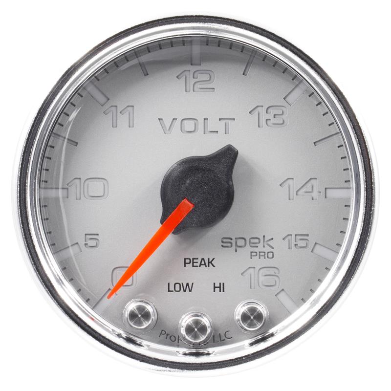 Autometer Spek-Pro Gauge Voltmeter 2 1/16in 16V Stepper Motor W/Peak & Warn Slvr/Chrm