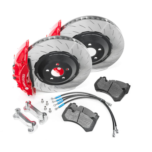 UNPLUGGED PERFORMANCE UP-M3MY-317-4.1 FRONT BIG BRAKE 6 PISTON KIT, UP X PFC 394MM IRON ROTORS, RACE PADS FOR TESLA MODEL 3 / Y