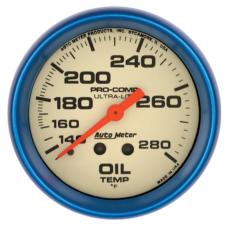 Autometer Ultra-Nite 66.7mm 140-280 Deg. F Mechanical Glow In The Dark Oil Temp Gauge