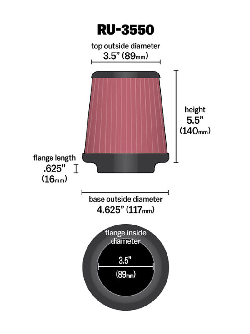 K&N Engineering K&N Universal Rubber Filter 3 1/2 inch FLG / 4 5/8 inch Base / 3-1/2 inch Top / 5 1/2 inch Height