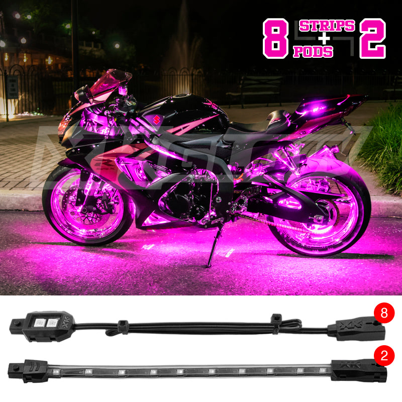 XKGLOW XK Glow Strips Single Color XKGLOW LED Accent Light Motorcycle Kit Pink - 8xPod + 2x8In