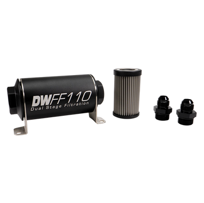 DeatschWerks Stainless Steel 8AN 10 Micron Universal Inline Fuel Filter Housing Kit (110mm)