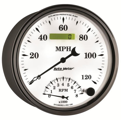 AutoMeter Gauge Tach/Speedo 5in. 120MPH & 8K RPM Elec. Program Old Tyme White II